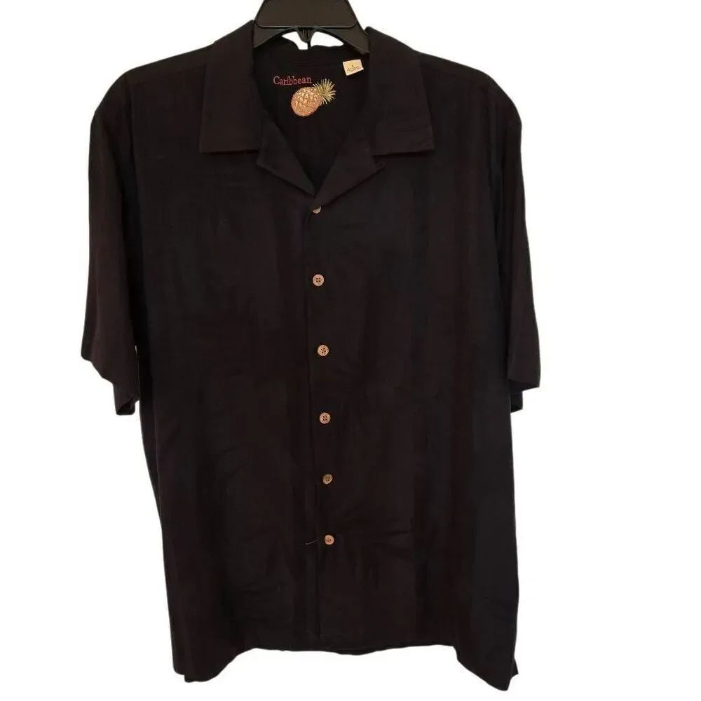 Caribbean Mens Palm Tropical Jacquard Silk Blend Button-up Shirt Black Large